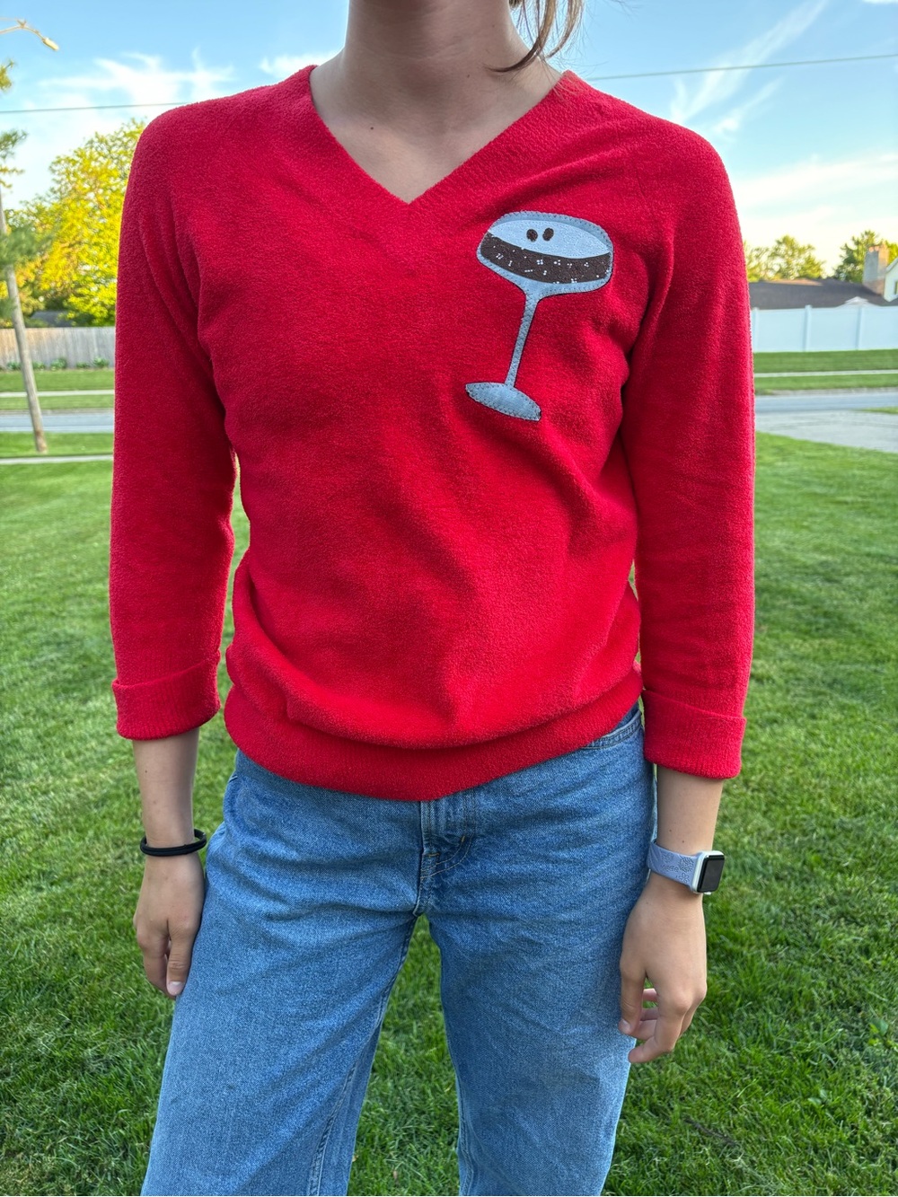 Red V-Neck Sweater with Cocktail Glass Patch